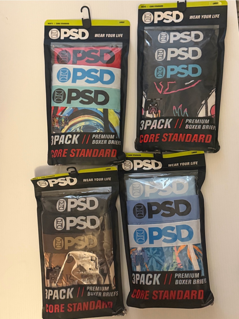 PSD Men's 3-Pack Boxer Briefs – Black, Blue, Red, White, Green Accents